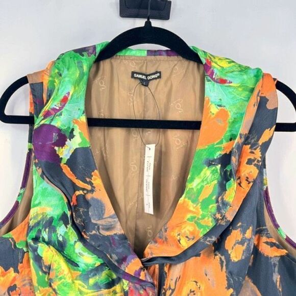 NWT Samuel Dong Womens Sleeveless Cross Tie Front Bubble Dress Green Tan Large - Picture 2 of 11